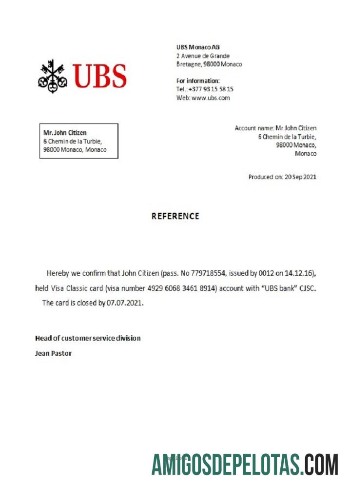Referência de fechamento do banco Monaco UBS modelo